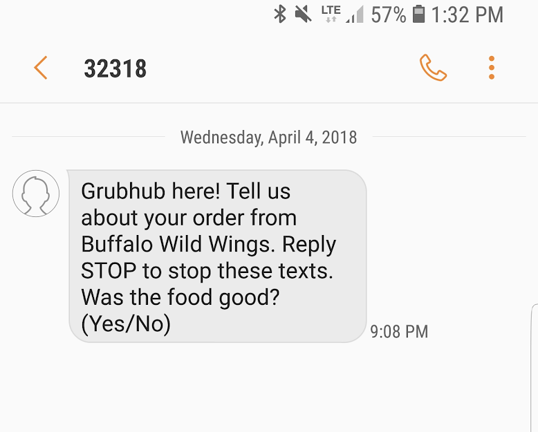 Screenshot of Grubhub's text message alert.